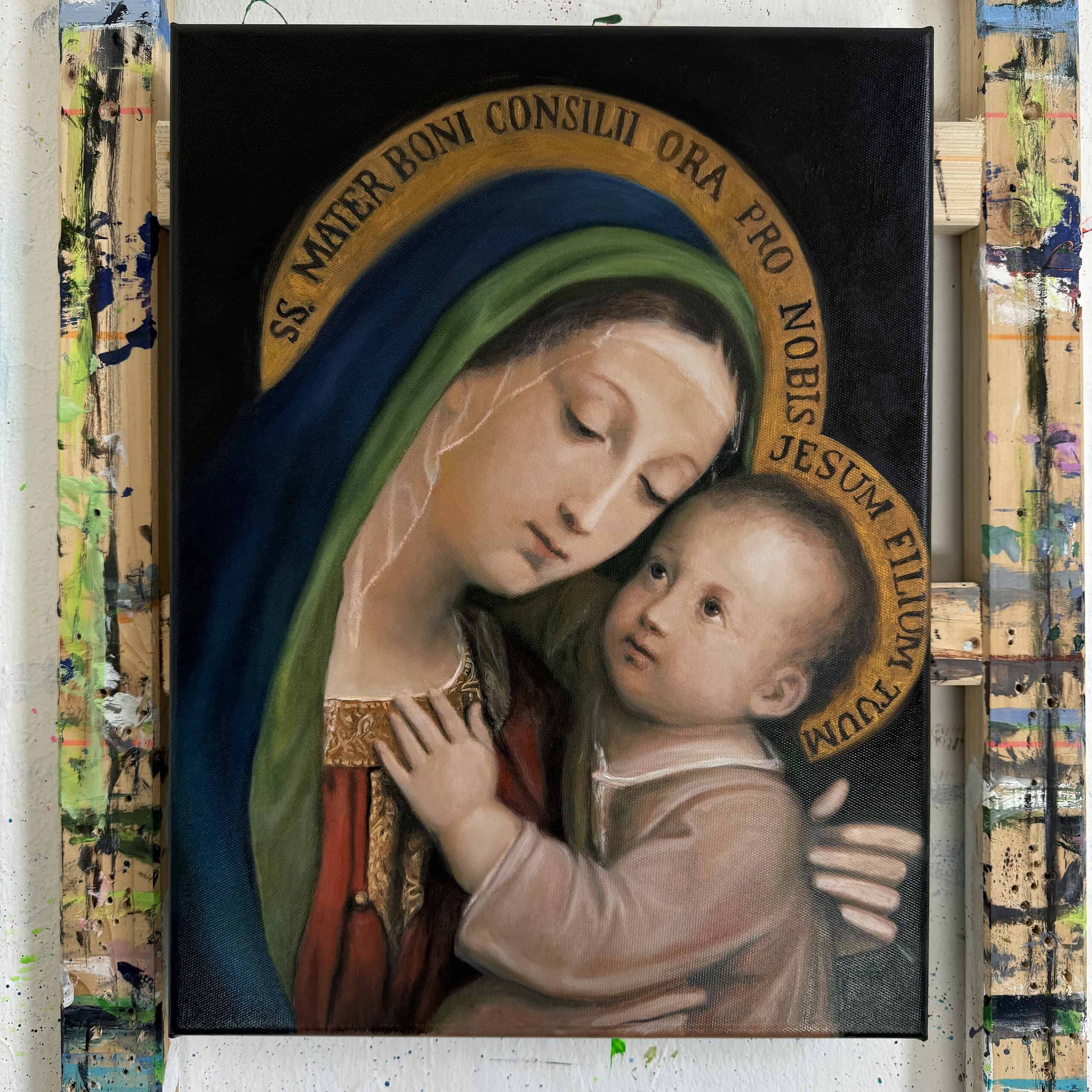 Meisterliche religiöse Malerei, Madonna und Jesus, Auftragsarbeit, Originalkunst, religiöser Kunststil, detailreiche Ölmalerei, christliche Ikonenkunst, individuelle Gemälde. auftragsmalerei madonna mit kind