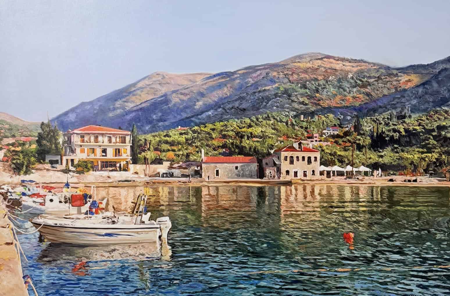 Malerei by Boat and Village. auftragsmalerei urlaub griechenland